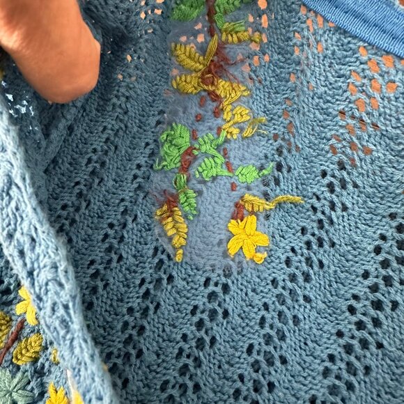 Anthropologie Guinevere Crochet Knit Cardigan V Neck Floral Embroidered Boho Blu - Picture 9 of 11